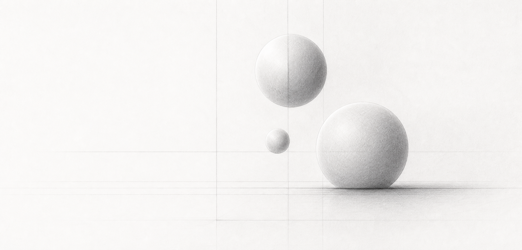 鉛筆画で描かれた白い球体のミニマルな空間